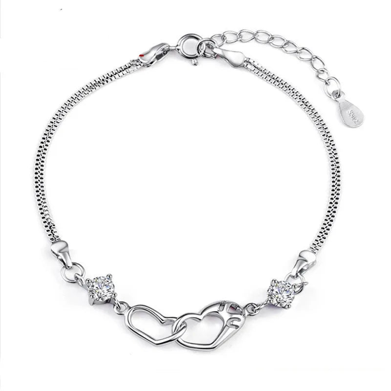 925 Silver Bracelet Purple Zircon Heart Couple Gift