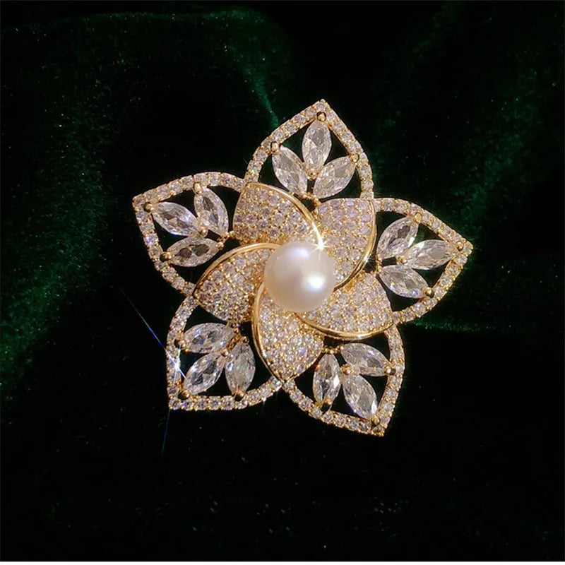 Hollow Pearl Flower Brooch Pin with Cubic Zirconia