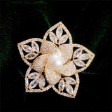 Hollow Pearl Flower Brooch Pin with Cubic Zirconia