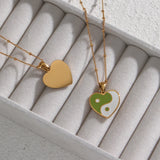 Ladies Green Enamel Heart Pendant Necklace Beads Chain
