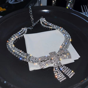 Crystal Bow Pendant Necklace Rhinestone Jewelry Party
