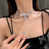 Crystal Bow Pendant Necklace Rhinestone Jewelry Party