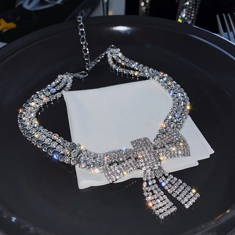 Crystal Bow Pendant Necklace Rhinestone Jewelry Party