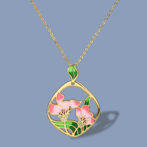 Pink Flowers Pendant Necklace Pink Epoxy Enamel Ladies Jewelry