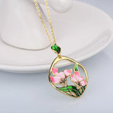Pink Flowers Pendant Necklace Pink Epoxy Enamel Ladies Jewelry