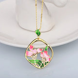 Pink Flowers Pendant Necklace Pink Epoxy Enamel Ladies Jewelry