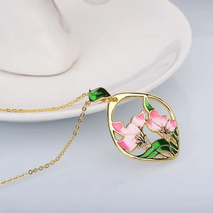 Pink Flowers Pendant Necklace Pink Epoxy Enamel Ladies Jewelry