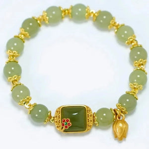 Vintage Hetian Jade Lotus Pendant Bracelet for Women