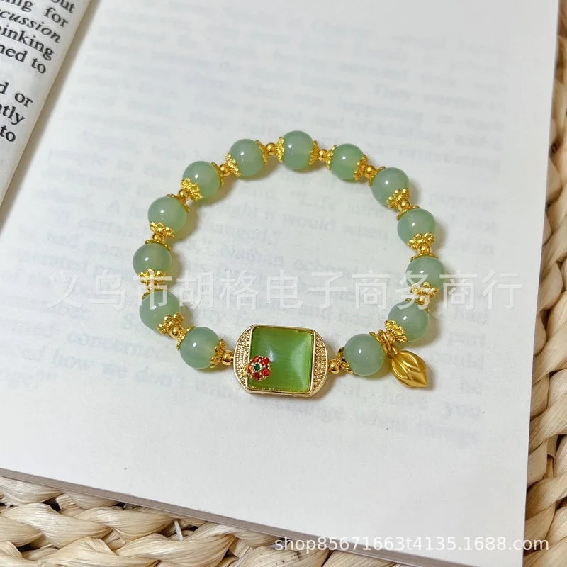 Vintage Hetian Jade Lotus Pendant Bracelet for Women