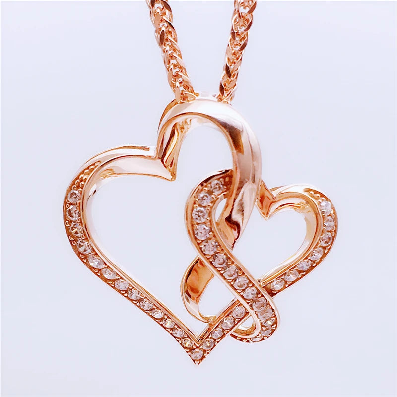 Purple Double Heart Pendant Crystal 14K Rose Necklaces for Girlfriend