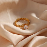 Woven Chain Stainless Steel Wedding Ring Green Pink Purple CZ Stone