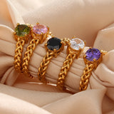 Woven Chain Stainless Steel Wedding Ring Green Pink Purple CZ Stone