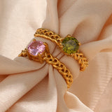 Woven Chain Stainless Steel Wedding Ring Green Pink Purple CZ Stone