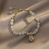 Natural Cat's Eye Stone Jades Pendant Love Bracelet, Adjustable Pearl String