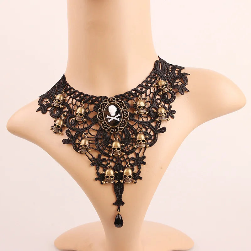 Lace Pirate Skull Head Necklace Halloween Costume Accessory