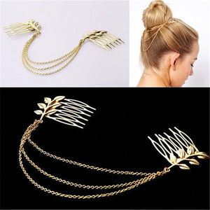Golden Leaf Chain Tassel Headband Leaf Hair Comb Insert Comb