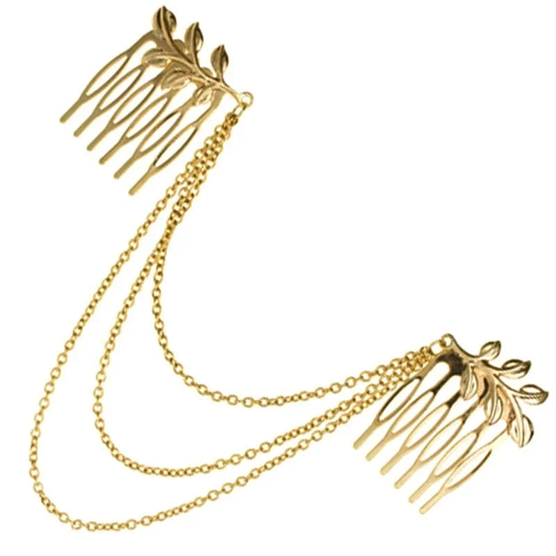 Golden Leaf Chain Tassel Headband Leaf Hair Comb Insert Comb