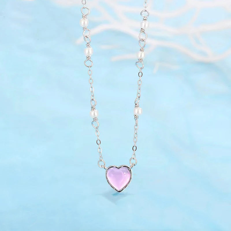 Pink Heart Pendant Necklace 925 Sterling Silver Y2K Jewelry