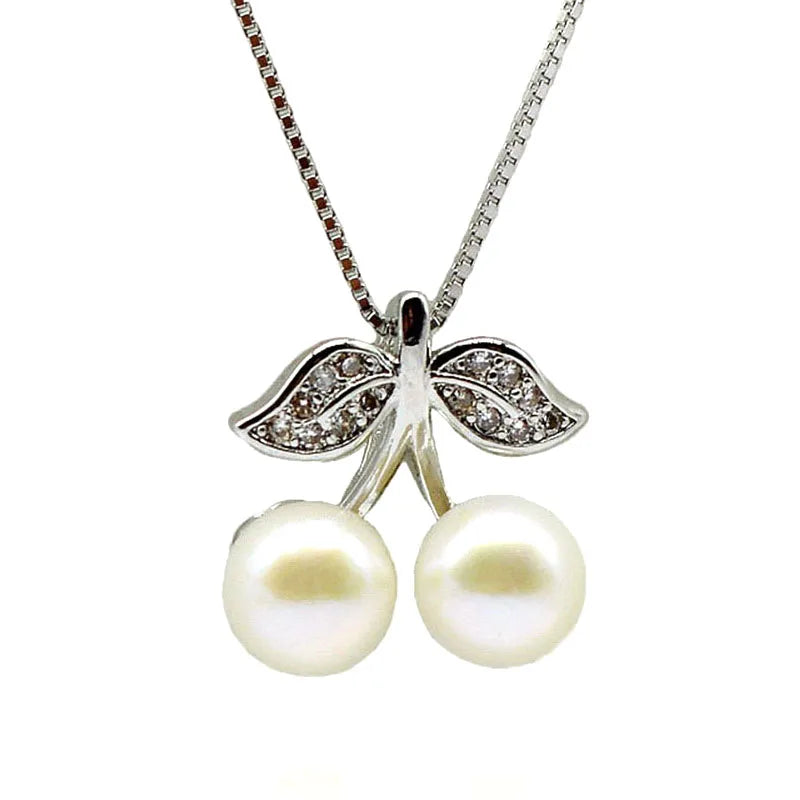 Natural Pearl Cherry Shape Silver Pendant Necklace for Girls