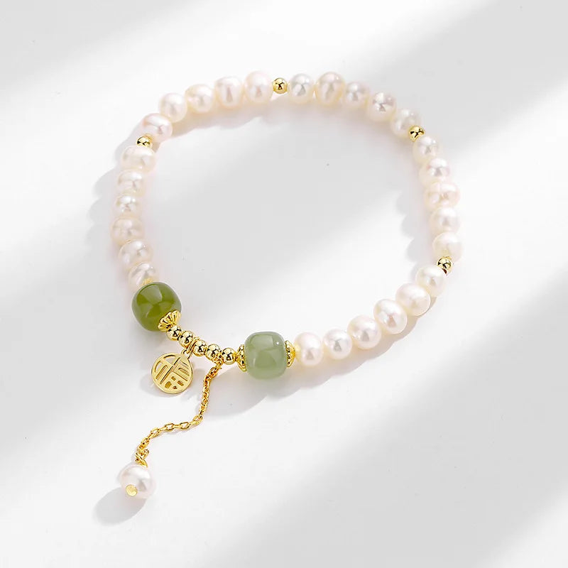 Sterling Silver Pearl Bracelet Chinese Style Chalcedony Beads Jewelry