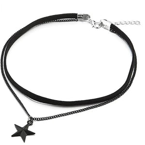 Women's 2-Row Choker Necklace with Pentagram Star Pendant