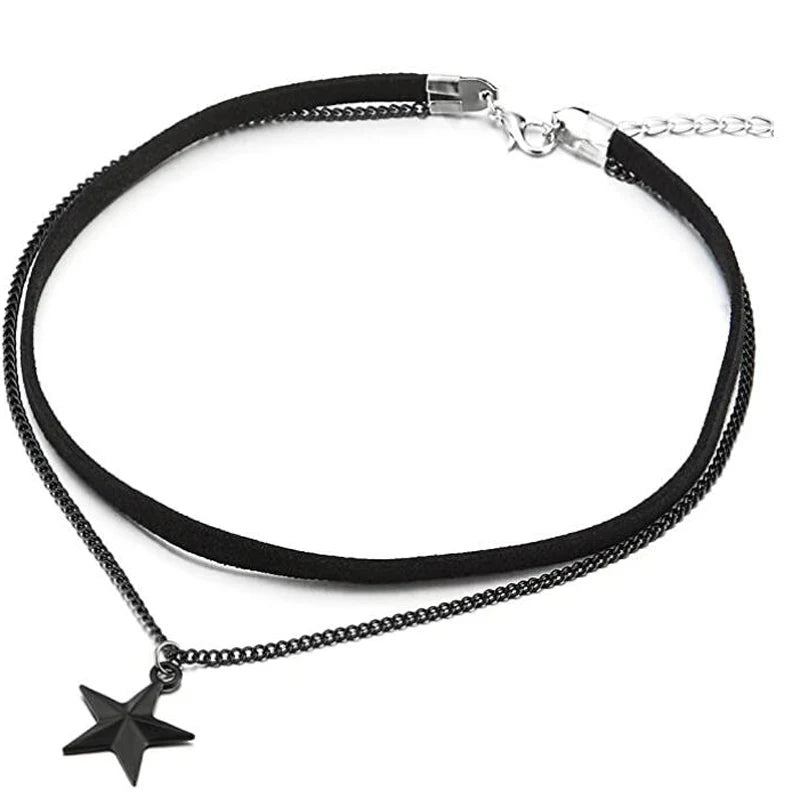 Women's 2-Row Choker Necklace with Pentagram Star Pendant
