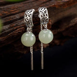 Green Hetian Jade Inlaid Round Bead Earrings Jewelry