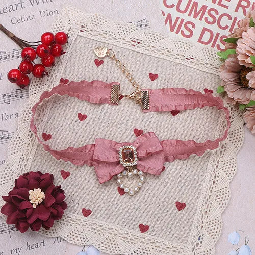 Lady Bow Rhinestone Pearl Necklace Japanese Sweet Collar Ornament