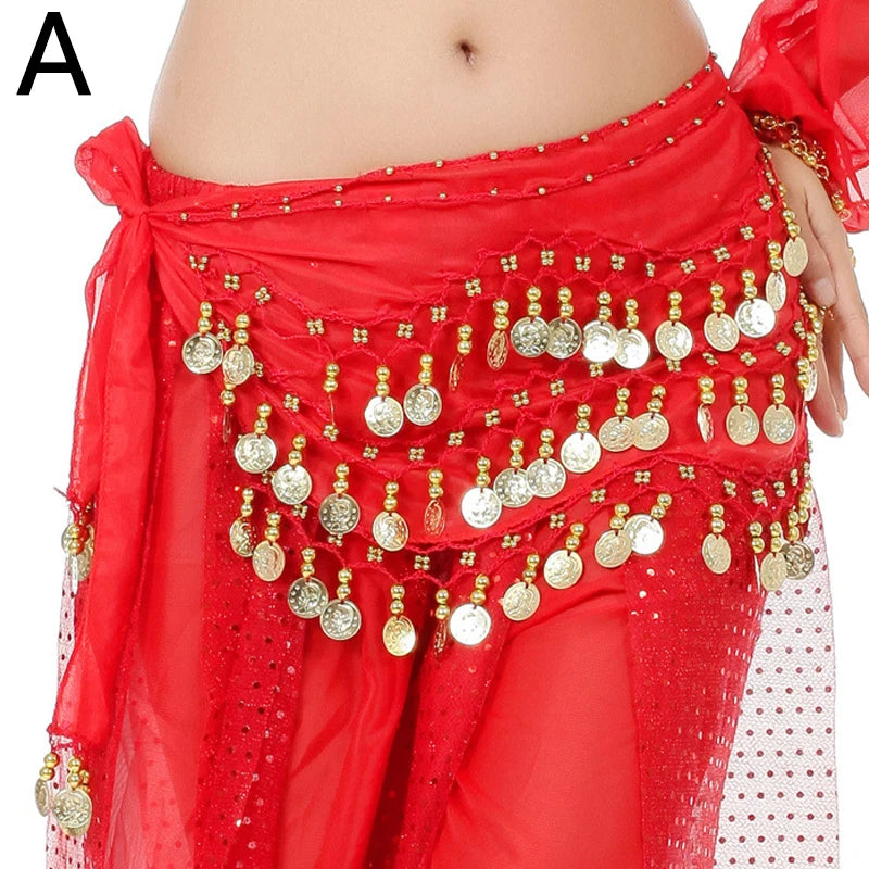 Belly Dance Hip Scarf 3 Row Belt With Tone Coins Waist Chain Wrap