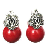 12mm Red Coral Bead Flower Marcasite 925 Silver Earrings