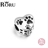 Silver 925 Heart-Shaped Pet Footprint Charm Bead For Bracelet