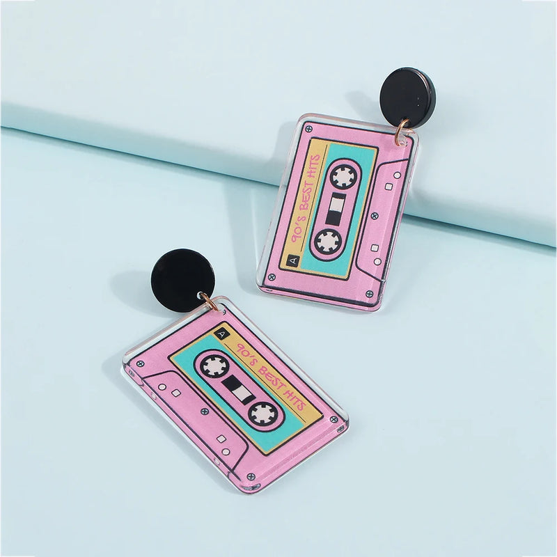 Cassette Tape Disco Earrings Drop Dangle Women 90s Party Ear Jewelry