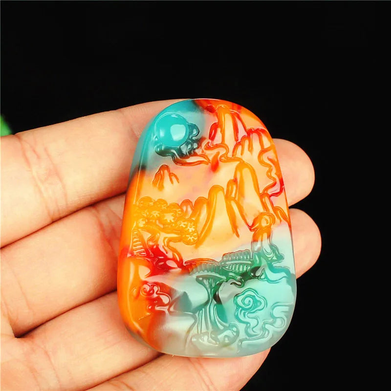 Landscape Jade Pendant Chinese Necklace Hand-Carved Natural Charm Jewelry Amulet