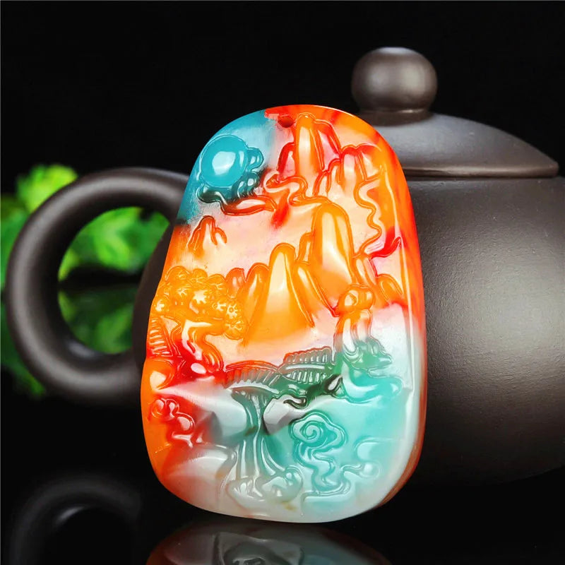 Landscape Jade Pendant Chinese Necklace Hand-Carved Natural Charm Jewelry Amulet