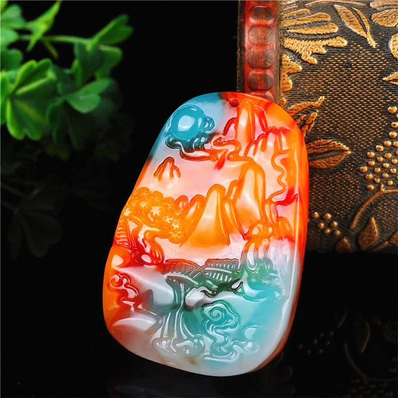 Landscape Jade Pendant Chinese Necklace Hand-Carved Natural Charm Jewelry Amulet