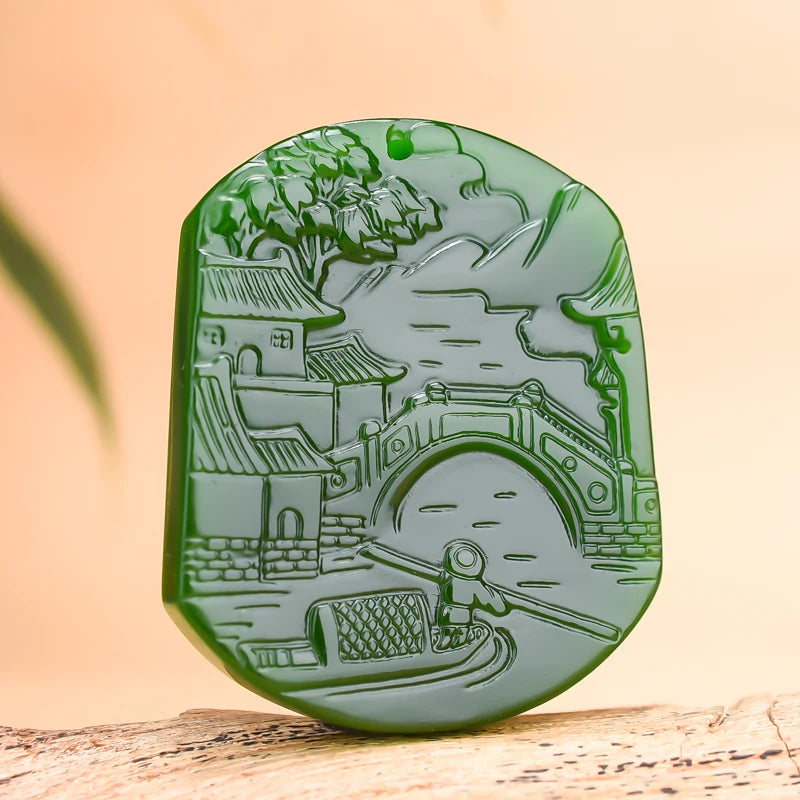 Green Jade Pendant Necklace Chinese Jewelry Natural Jadeite Carved Charm Amulet