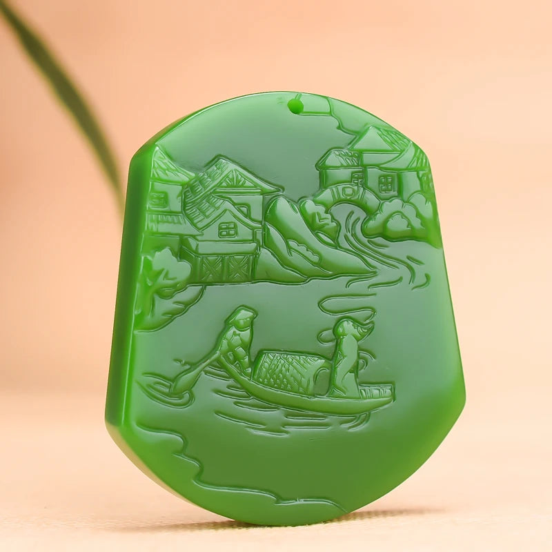 Green Jade Pendant Necklace Chinese Jadeite Charm Amulet Gift for Women Men