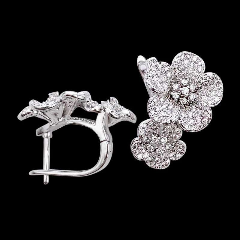 Lanyika Twin Flower Ear Clip Micro Pave Zircon Earrings