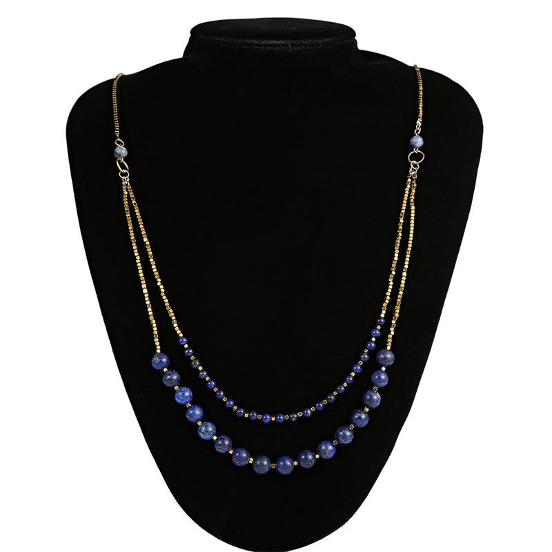 Lapis Lazuli Bead Strand Necklace Women Natural Stone Layers Statement Necklace