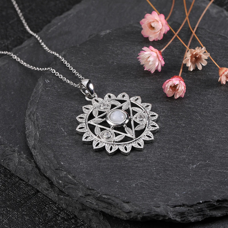 925 Silver Ethnic Pendant Necklace Natural Charoite Moonstone Chain Leaf Jewelry