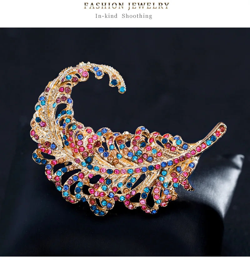 Colorful Crystal Feather Bejeweled Brooch for Women Coat Pin