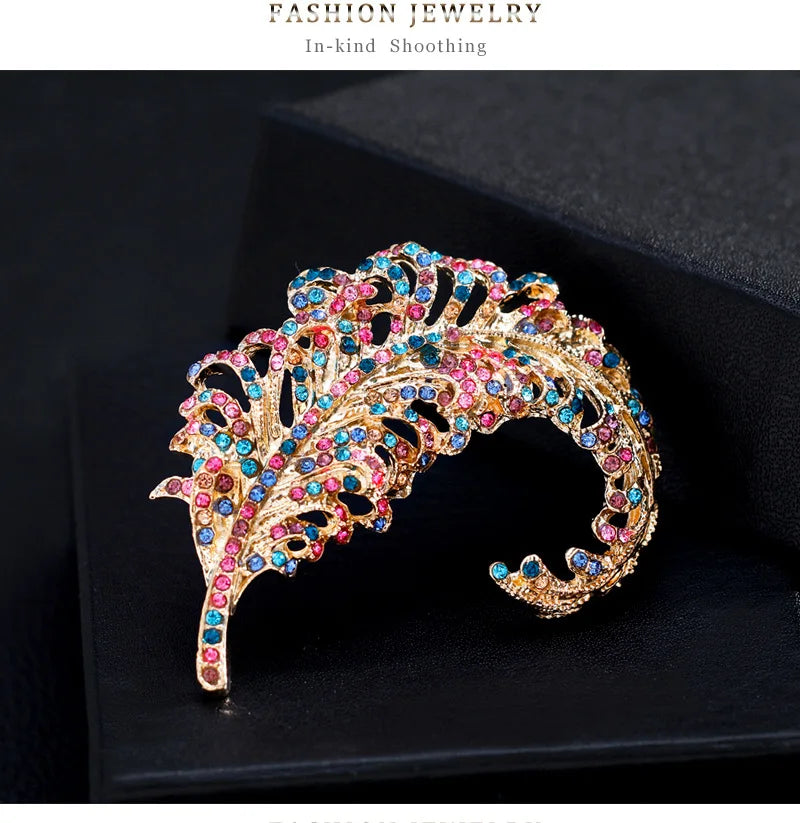 Colorful Crystal Feather Bejeweled Brooch for Women Coat Pin