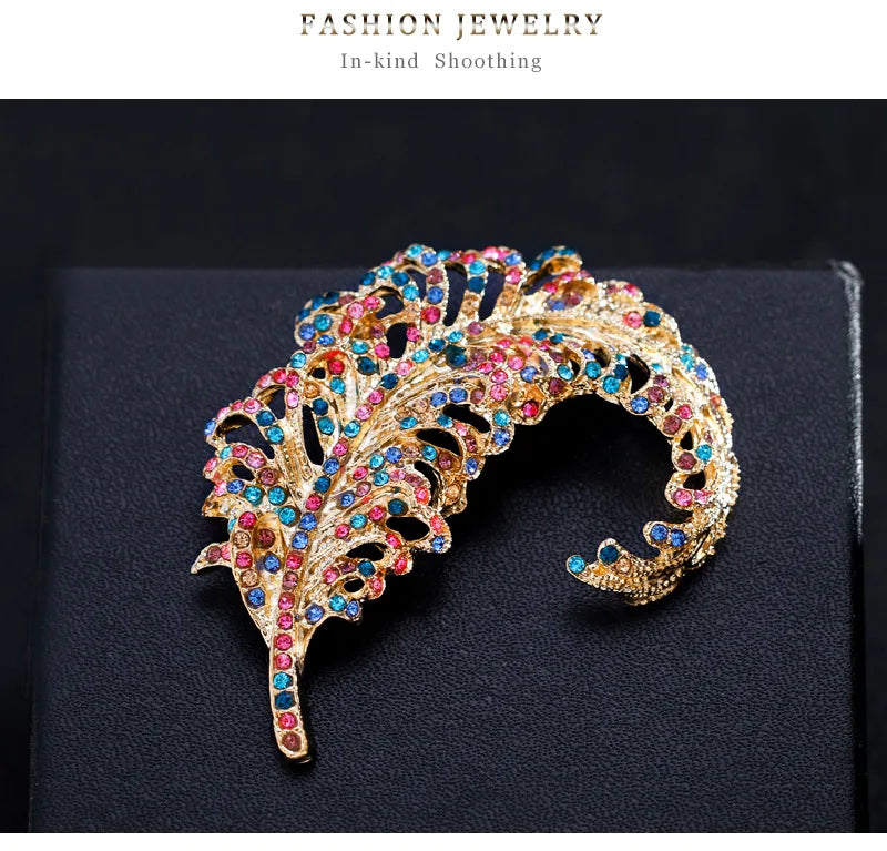 Colorful Crystal Feather Bejeweled Brooch for Women Coat Pin