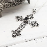 Detailed Cross Drill Necklace Silver Tone Pendant Goth Punk Charm