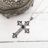 Detailed Cross Drill Necklace Silver Tone Pendant Goth Punk Charm