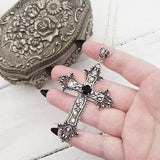 Detailed Cross Drill Necklace Silver Tone Pendant Goth Punk Charm