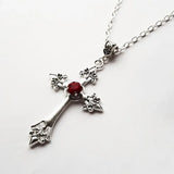 Detailed Cross Drill Necklace Silver Tone Pendant Goth Punk Charm