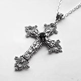 Detailed Cross Drill Necklace Silver Tone Pendant Goth Punk Charm