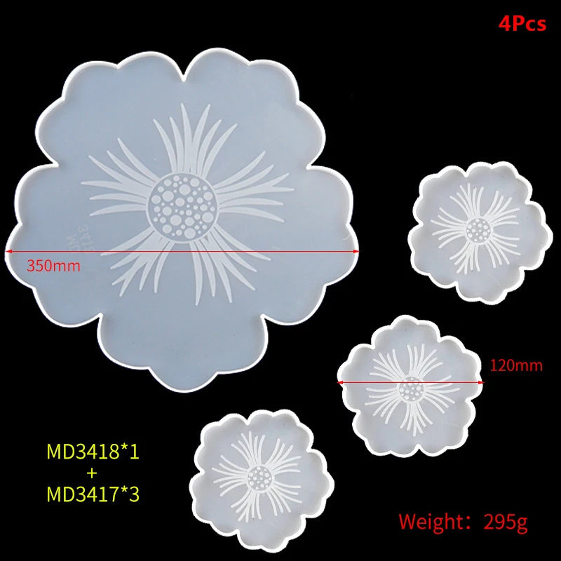 Large Flower Glass Tray Silicone Mold Coaster Set Dish Resin Shape Craft Jewelry