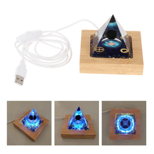 Large Orgone Pyramid w/ LED Light Wooden Base Crystal Meditation Stone